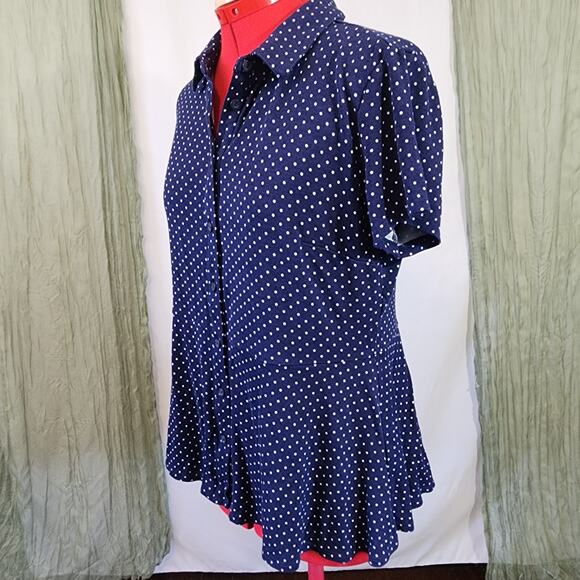 Isaac Mizrahi Blue with White Polka Dot Button Up Short Sleeve Blouse Size M - Picture 3 of 6